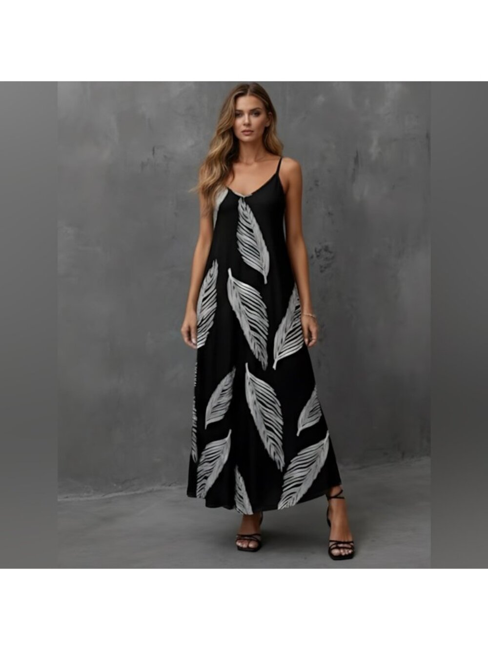 Boho Leaf Print Sleeveless Maxi Dress Black - Picture 4 of 9